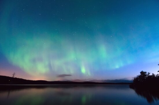 aurora borealis, polar lights, silhouette, sky, stars, astronomy