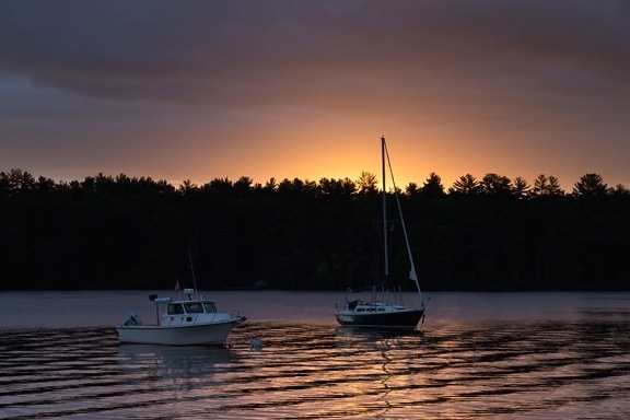 lago, tramonto, silhouette, natura, acqua, barche