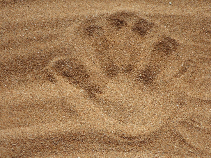 Impresszum, homok, strand, handprint