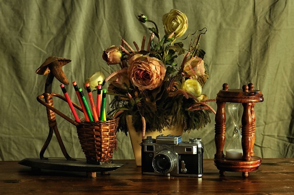 aparat de fotografiat, decorare, birou, flori, bloom, blossom