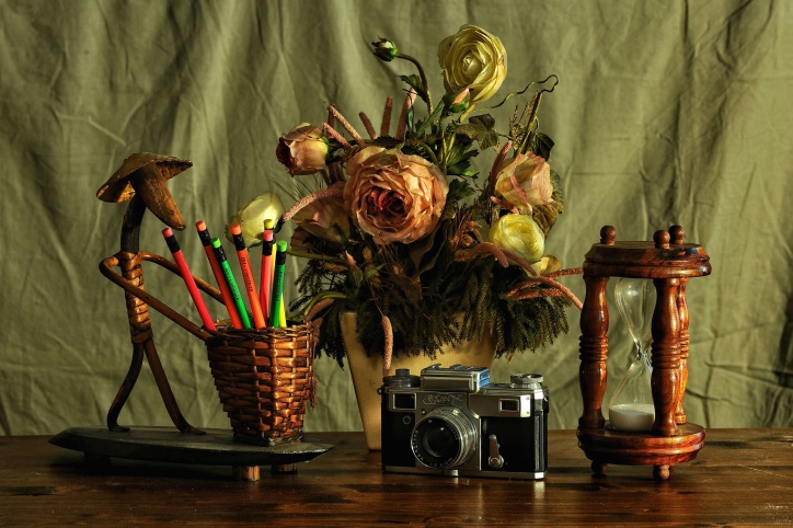 macchina fotografica, decorazione, scrivania, fiori, fiore, fiore