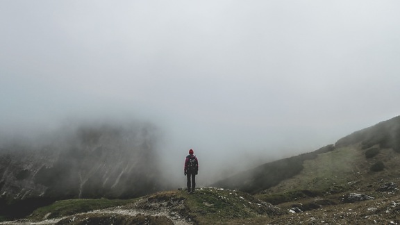 escalade, brouillard, froid, randonneur, randonnée, homme, montagne