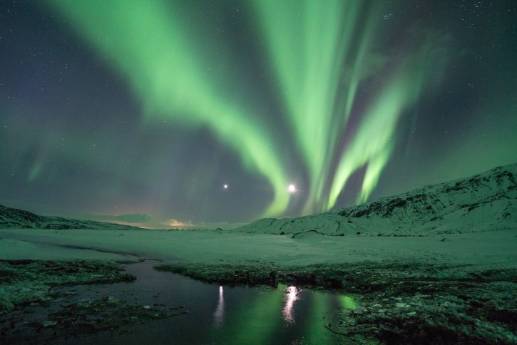 polar light, aurora borealis, night, mountain, nature, reflection, sky, snow, starry