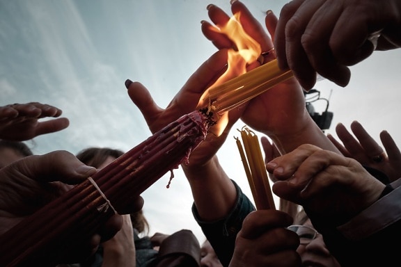 hands, people, ring, ritual, sky, candles, crowd, fingers, fire, flame