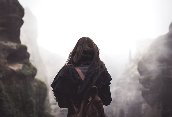 winter, woman, backpack, daylight, foggy, hazy, landscape