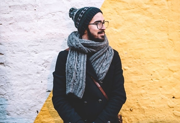 person, scarf, season, street, warmly, beard, coat, cold