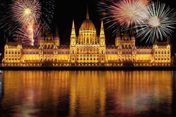 celebration, festival, fireworks, landmark, lights, architecture, night