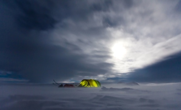 キャンプ、クラウド、寒さ、雪、テント、冬