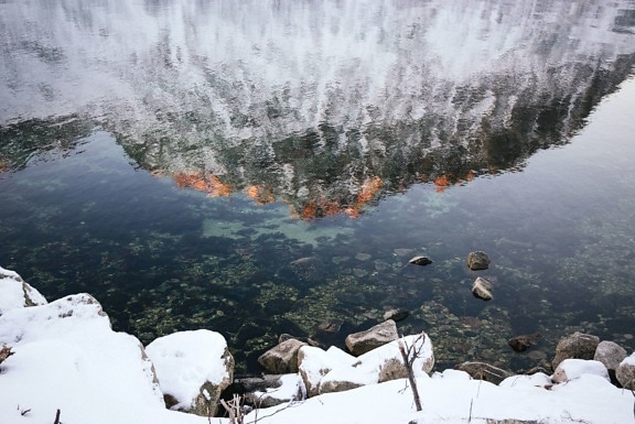 reflectie, rock, sneeuw, water, lake, berg