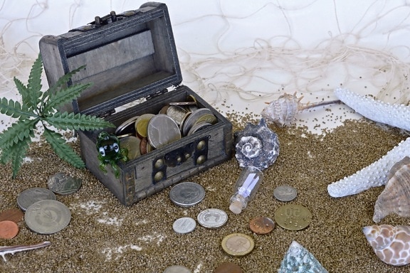 viagens, tesouro, praia, caixa, caixa, garrafa, metal, dinheiro