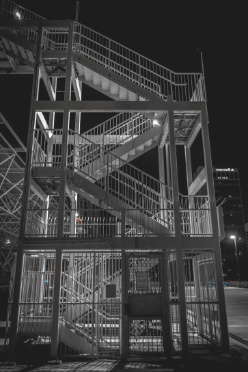 architecture, building, city, construction, downtown, staircase, steel, street, urban