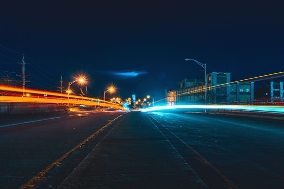 asfalt, bygninger, lys, city, nat, road, hastighed, gade