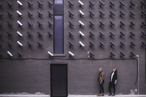 セキュリティ カメラは、壁、女性、ブリック、建物、ドア