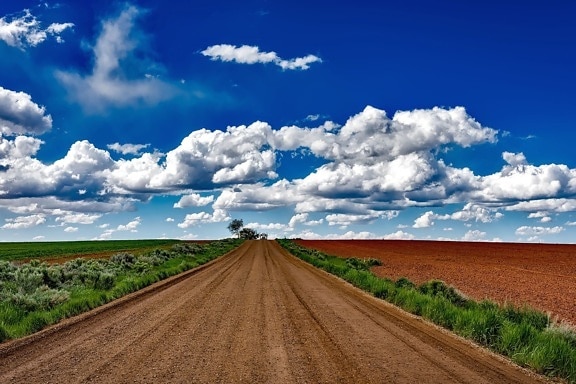 road, sky, cloud, desert, dirt, road, farm, farmland, field, grass