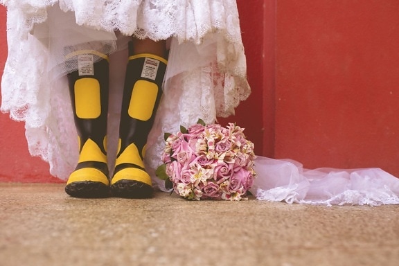 sko, blomster, ægteskab, traditionelle, bryllup, støvler, kjole, kvinde