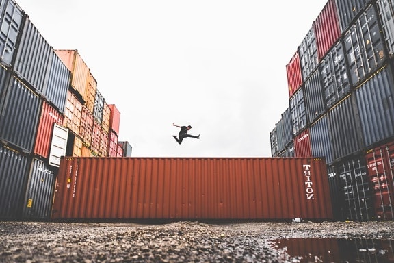 person, puddle, business, commerce, container, export, freedom, industry, jumping