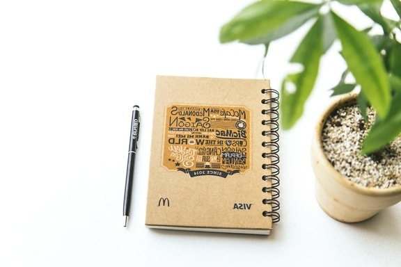 bilježnica, olovka, biljke, lonac, bilježnica