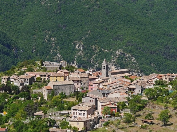 town, tree, village, buildings, hill, home