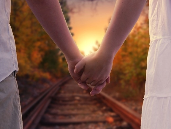 dragoste, railroad, cale ferată, dulce, mâinile, prietenul, prietena