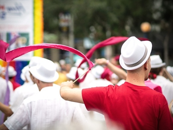 hats, man, music, parade, people, celebration, city, crowd, festival