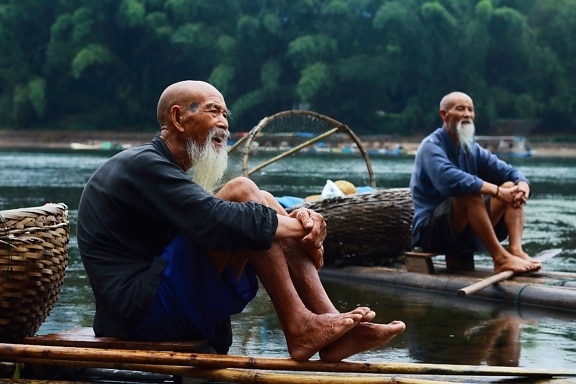 мъже, спокойствие, река, пътуване, дърво, вода, плешив, Азия, лодки