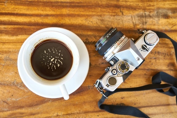 tazza di caffè, macchina fotografica, foto, lente, tazza, macchina fotografica, tabella