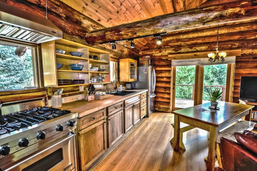 Free picture: wood, kitchen, stove, interior, furniture, windows, doors