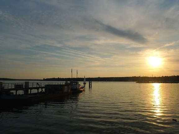 lake, sunset, sky, water, dock, dusk, ocean