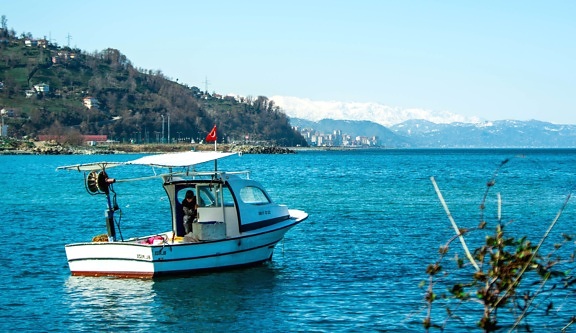 boat, fisherman, ship, blue, summer, landscape, sky, beach, sea