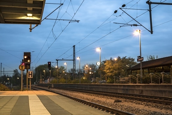 railroad, station, wire, dusk, urban, sunset, cloud, train