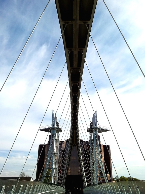 suspension bridge, cables, infrastructure, ship, architecture, bridge