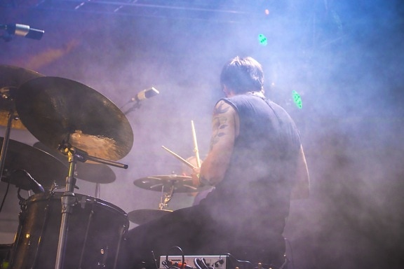 man, smoke, concert, music, drum, sticks, drummer