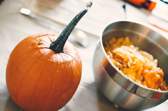 pumpkin, delicious, dish, food, kitchen table, steel, bowl