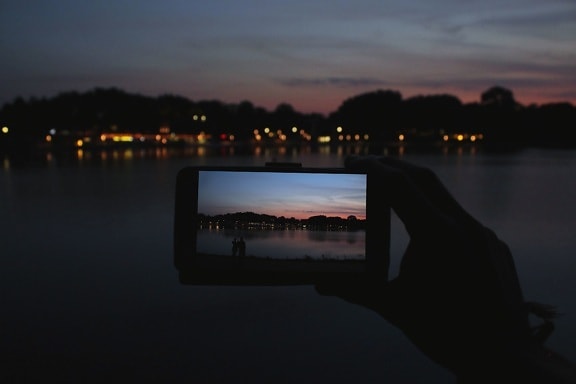 strand, stad, reflectie, rivier, silhouet, mobiele telefoon