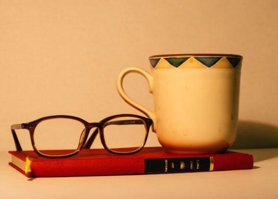 coffee cup, drink, eyeglasses, coffee mug, book, ceramic