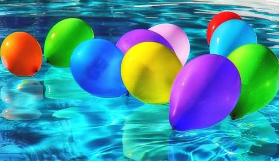 piscina, globos, cumpleaños, vacaciones, agua