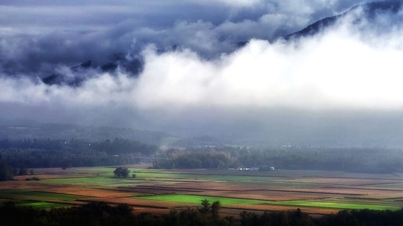 風景、山、雲、農地、フィールド、霧