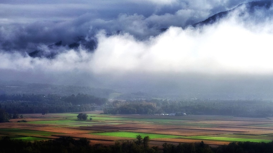pemandangan gunung, awan, makan cropland, bidang, kabut