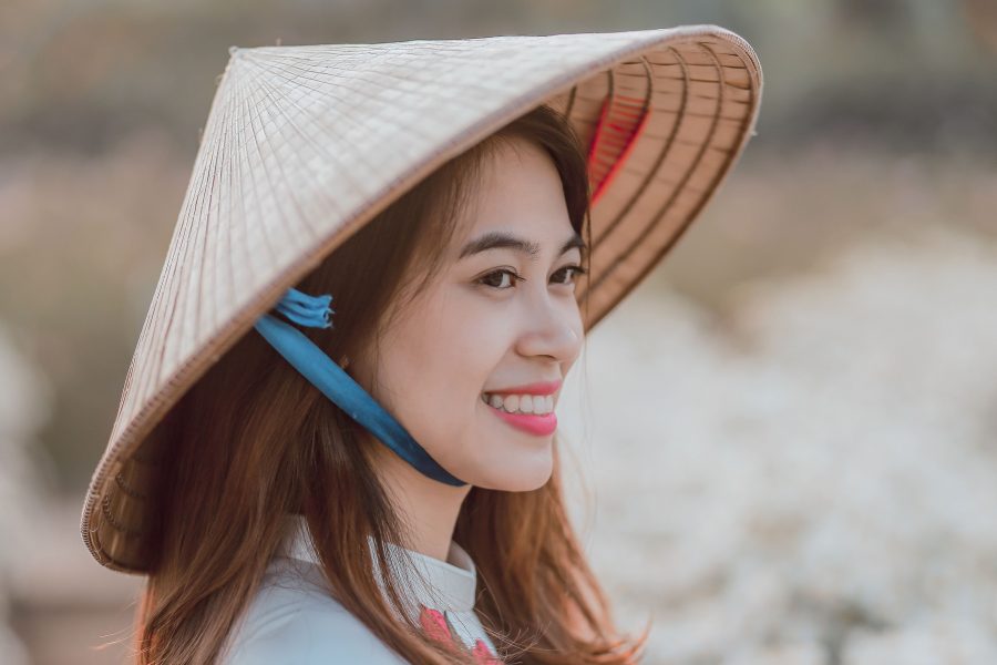 Πορτραίτο, πρόσωπο, γυναίκα, νεαρό κορίτσι, Βιετνάμ, μόδα, χτένισμα, ευτυχισμένος, καπέλο