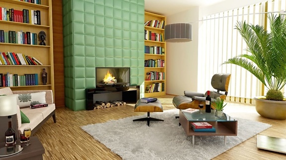 gauč, stůl, okno, byt, architektura, rostlina, místnost, koberec