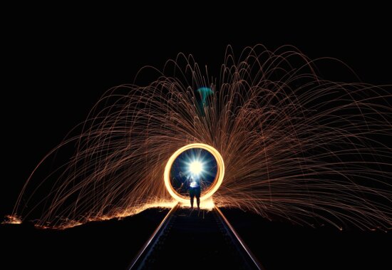 sparks, railway, bright, circle, contrast, flame, flash