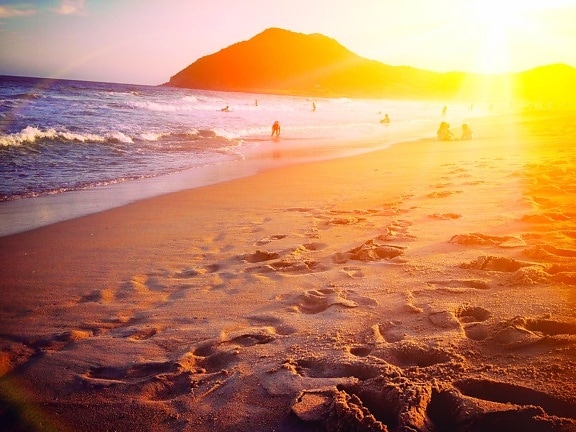 해변, 여름, 모래, footspep, 황혼