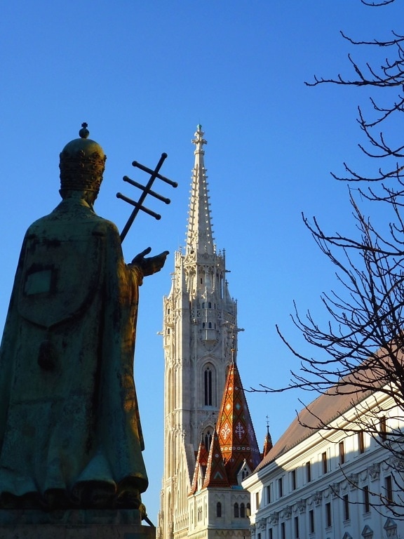 statue, architecture, building, sky, church, tower, tree
