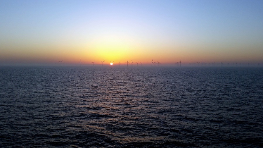 Horizonte, mar, sol, turbinas eólicas, Crepúsculo