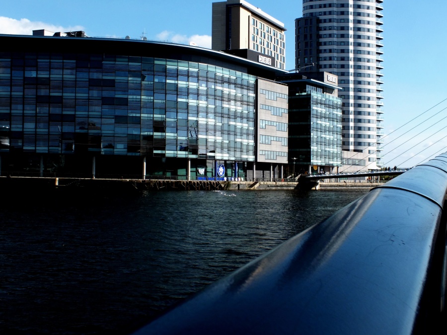 buildings, city, architecture, blue, bridge, railings, reflection, river