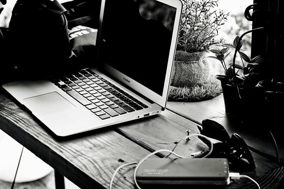 laptop computer, charger, table, office, glasses, technology