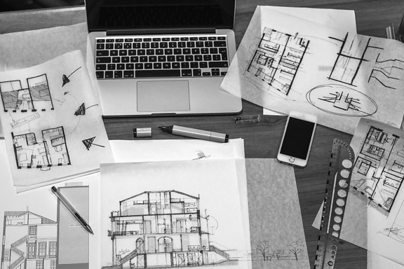 építész, munka, íróasztal, rajzok, blueprint