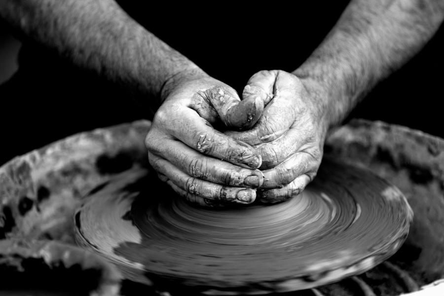 argila, artesanato, mãos, homem, roda, cerâmica