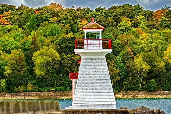 lighthouse, ocean, rocks, stone, tree, water, wood