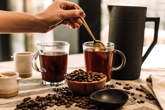 aroma, coffee, mug, coffee cup, food, hand, kitchen table